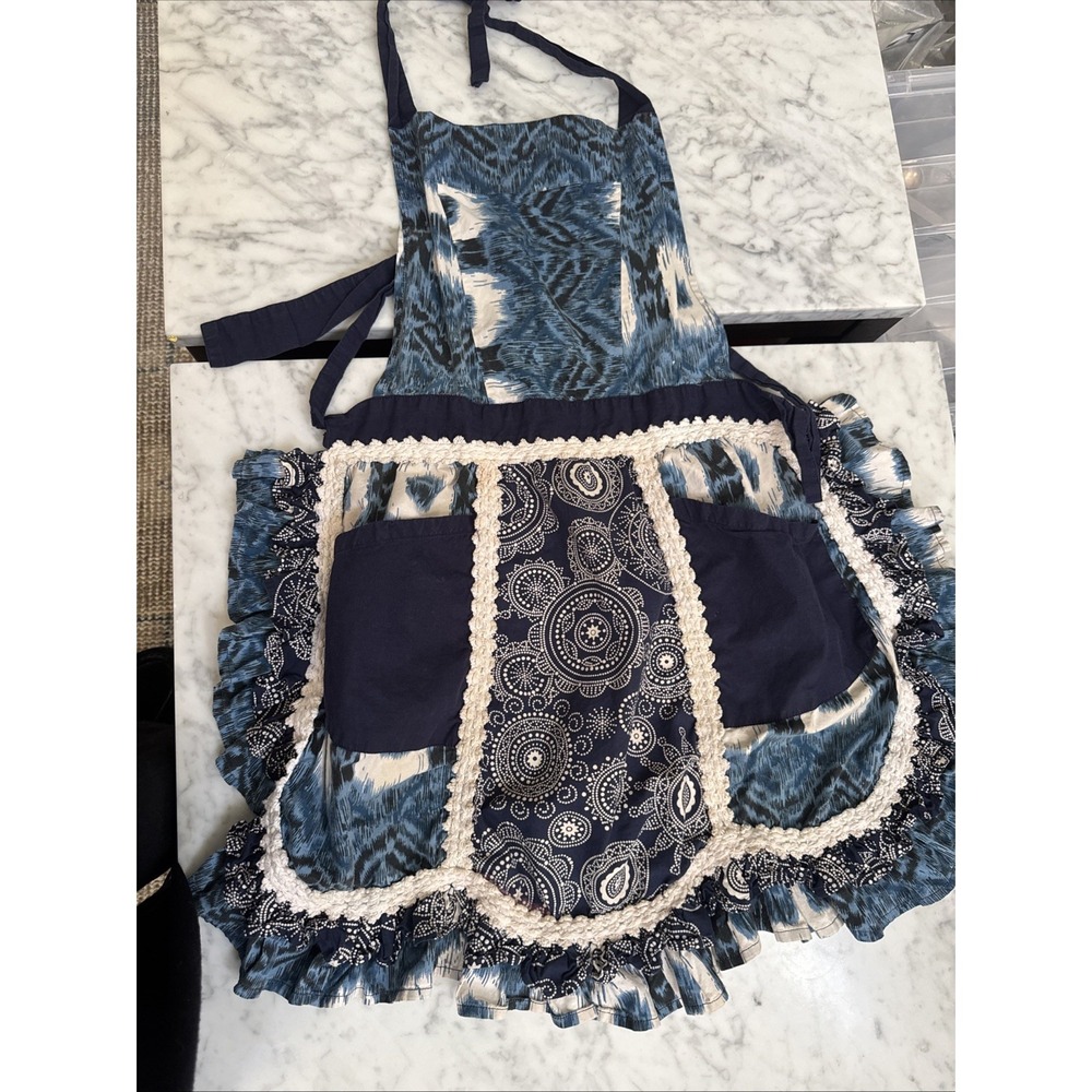 Sur La Table Vintage Inspired Apron, Ruffles Blue White